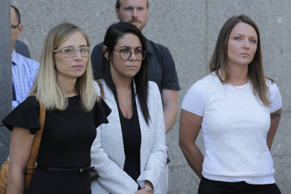 Epstein accusers Annie Farmer, left, and Courtney Wild, right, outside a New York courthouse.