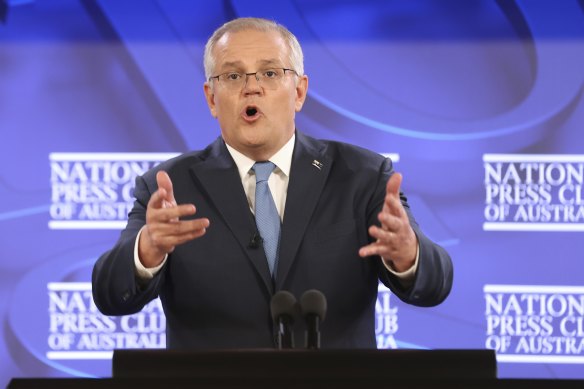 Prime Minister Scott Morrison addresses the National Press Club in Canberra on Tuesday. 