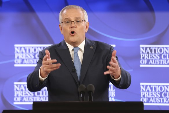 Prime Minister Scott Morrison addresses the National Press Club in Canberra on Tuesday. 