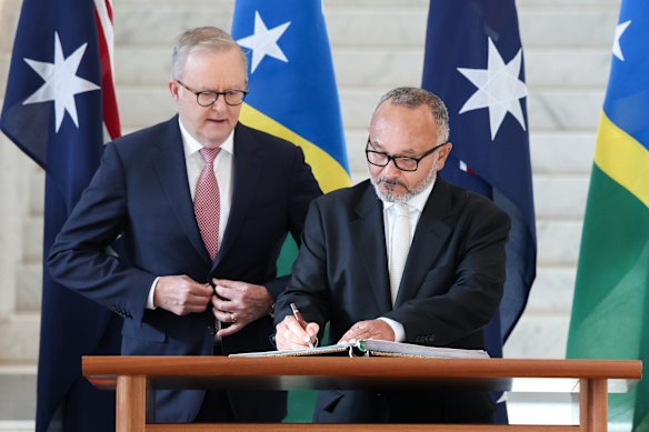 Anthony Albanese and Matthew Wale during the signing of the visitors’ book, at Parliament House this morning.