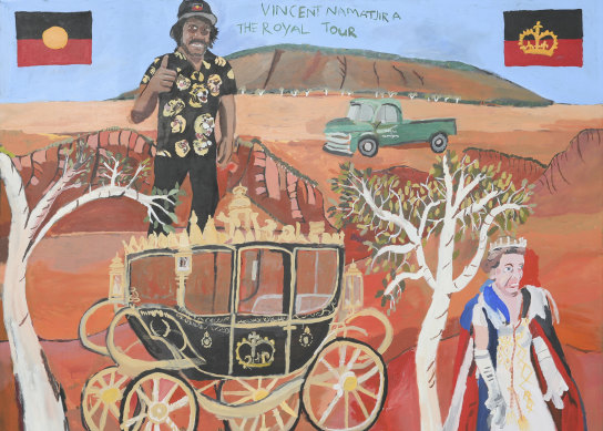 Detail of Vincent Namatjira’s The Royal Tour (Vincent and Elizabeth on Country), 2022.