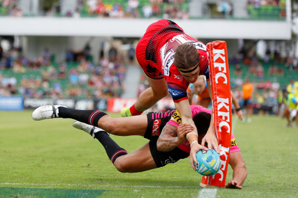 Cody Ramsey about to ground the ball beyond the deadball line in the 2020 NRL Nines in Perth.