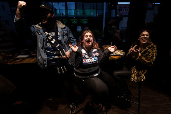 Caitlin Mikinlay enjoys the grand final at the Sporting Globe in Geelong on Saturday night.