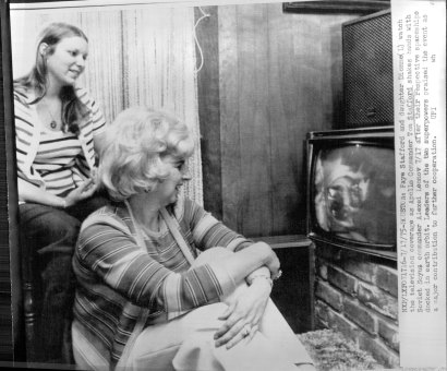 Stafford’s wife Faye and daughter Dionne (left) watch television coverage of the US-Soviet mission.