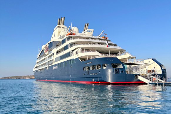 The Marina at the ship’s stern, where guests board the Zodiacs folds down to settle at water level, making expedition departure and return simple.