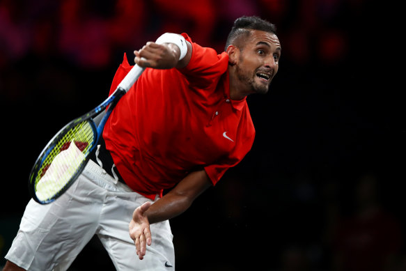 Nick Kyrgios in action at the recent Laver Cup in Geneva. He has a shoulder injury.