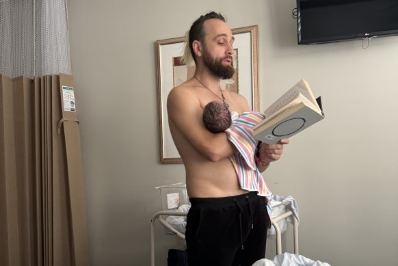 Schebesta reads Rick Rubin’s “The Creative Act” to his newborn son Axel.