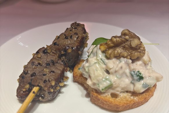 Canapes … beef skewer and chicken waldorf.