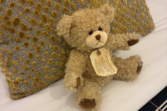 One of the adorable bears guests receive at The George Hotel, Christchurch in New Zealand.