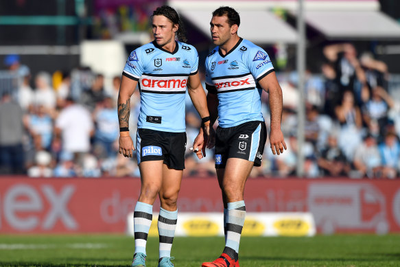 Cronulla teammates Nicho Hynes and Dale Finucane.