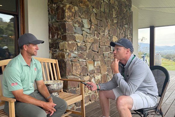 Adam Scott being interviewed by Sam McClure at Cathedral Golf Course.