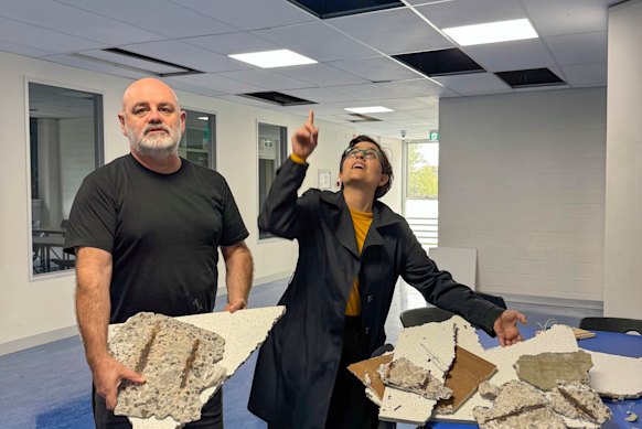 School Council president Geoff Rundell and Greens MP Gabrielle de Vietri saw pieces of the roof fall through the classroom ceiling at Collingwood College.
