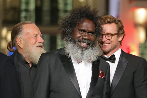 High Ground cast members Jack Thompson, Witiyana Marika and Simon Baker at the film’s premiere at the Berlinale International Film Festival in Berlin in 2020. 