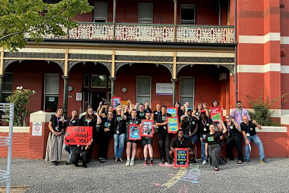 Independent Education Union members at Saints College in North Melbourne show their support.