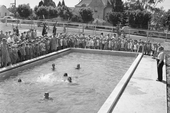A school swimming carnival at Pymble in 1959.