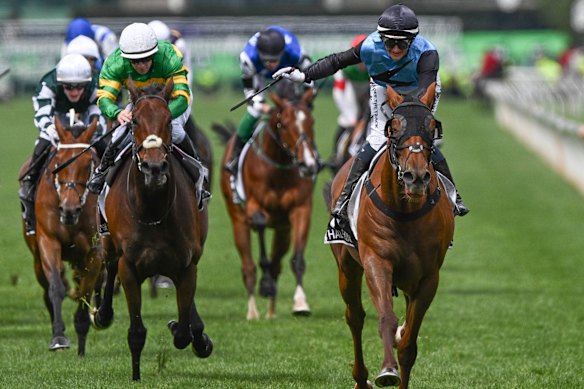 Goodie Two Shoes (left, with green and yellow silks) finishes second behind Half Yours in the 2025 Melbourne Cup.