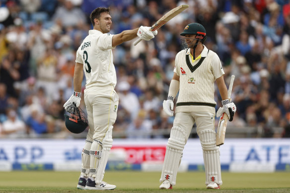 Mitch Marsh celebrates his century at Headingley.