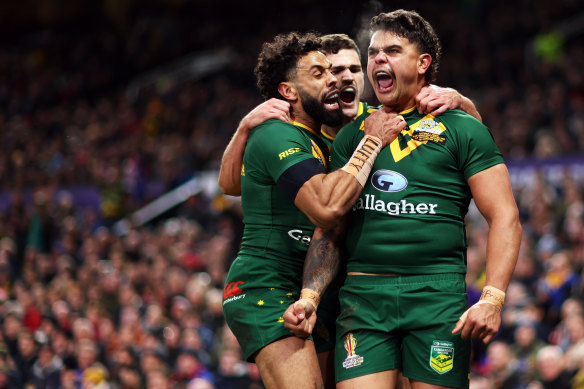 The Kangaroos celebrate their World Cup triumph in Manchester in 2022.