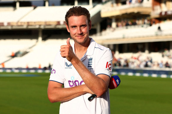 England’s Stuart Broad gestures after announcing his retirement from cricket at the end of play on day three of the final Ashes Test match.