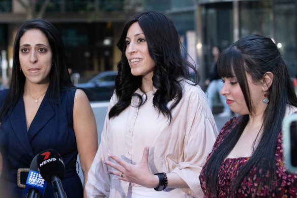 Elly Sapper, Nicole Meyer and Dassi Erlich speak outside the County Court following Monday’s verdict.