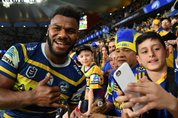Maika Sivo of the Eels celebrates with fans during the Second NRL Elimination Final last year.