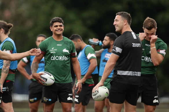 Latrell Mitchell and Sam Burgess at training during a happier time earlier in the year.