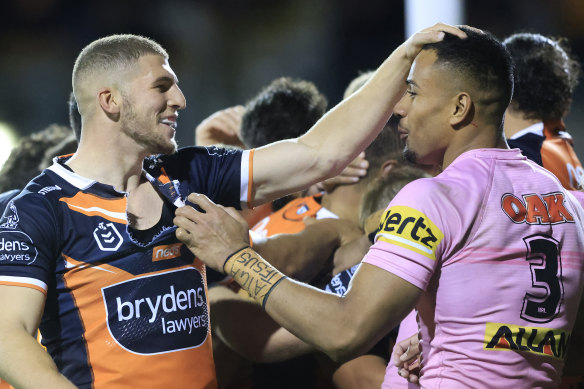 Adam Doueihi taunts Stephen Crichton during their last clash at Leichhardt Oval.