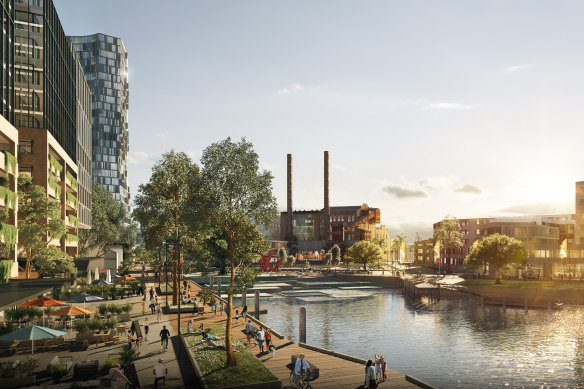 An artist’s impression of the White Bay makeover, featuring White Bay Power Station, apartments and waterfront parks. 