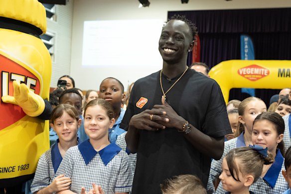 Gout Gout visiting students at his old school, St Francis Xavier Catholic Primary School.