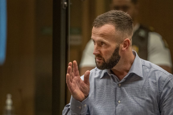 Survivor Nathan Smith speaks to Brenton Tarrant during Tarrant's sentencing hearing in Christchurch on Tuesday.