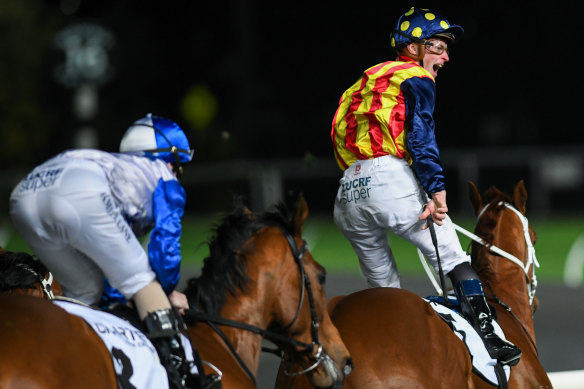 James McDonald stands high in the irons of Nature Strip after crossing the line in the Moir Stakes.