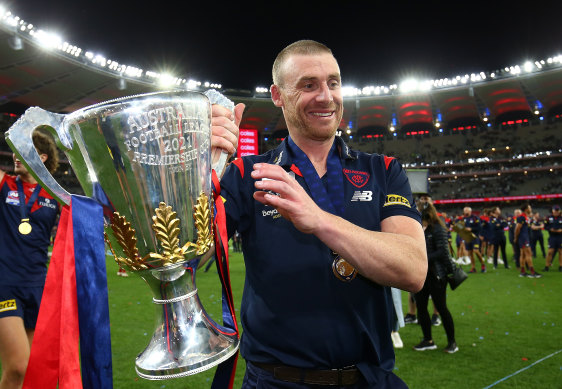 Simon Goodwin celebrates the premiership win.