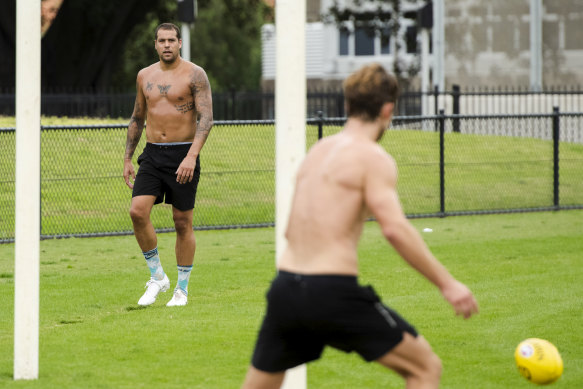 Lance Franklin training outside the SCG last month.  The Swans superstar is expected to be fit for a mooted season resumption in June.