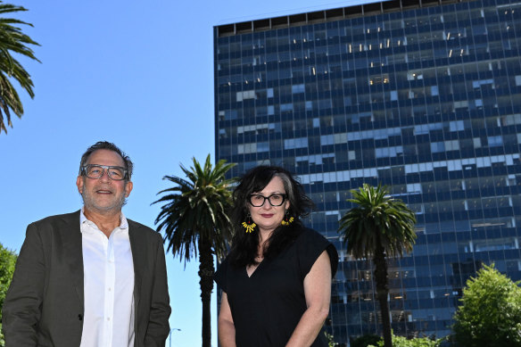 A storied place: Bates Smart interior design director Jeff Copolov and Open House Melbourne executive director Tania Davidge, outside Orica House.