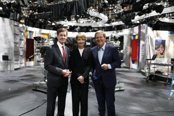 Former 60 Minutes journalists Ian Leslie, Jana Wendt and Ray Martin after the memorial service for former 60 Minutes executive producer Gerald Stone