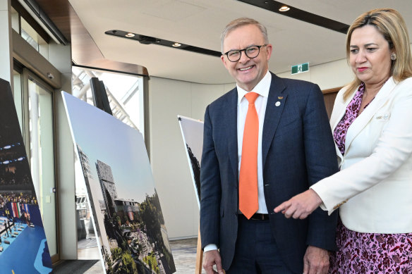 Prime Minister Anthony Albanese and Queensland Premier Annastacia Palaszczuk after signing the Olympics funding deal on Friday.