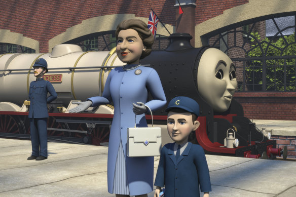A scene featuring Queen Elizabeth II and  Prince Charles as a boy from an animated special 'Thomas & Friends: The Royal Engine' released to mark the 75th anniversary of Thomas The Tank Engine.