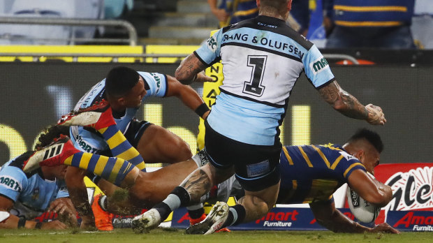At last: Kirisome Auva'a scores to break a run of 86 points conceded by the Eels.