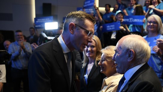 NSW Premier Dominic Perrottet with former prime minister John Howard at the party’s campaign launch in March.