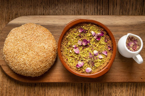 Kenefeh comes with sesame bread (left).