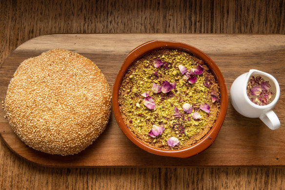 Kenefeh comes with sesame bread (left).
