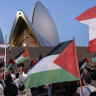 Palestinian supporters gathered outside the Opera House on October 9 after it was lit up in Israeli colours following the Hamas attack.
