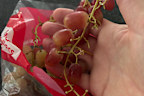 A bag of supermarket grapes with grapes missing from the stem.