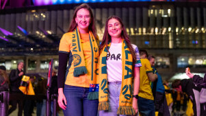 Clare Lawrence, left, and Georgia Rajic before the Matildas game on Monday.