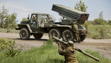 A Donetsk People’s Republic militia serviceman gets ready to fire with a man-portable air defence system at a position not far from Panteleimonivka, in territory under the government of the Donetsk People’s Republic, eastern Ukraine, on Saturday.