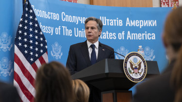 United States Secretary of State Antony Blinken speaks to US embassy staff in Kyiv, Ukraine, last week. 