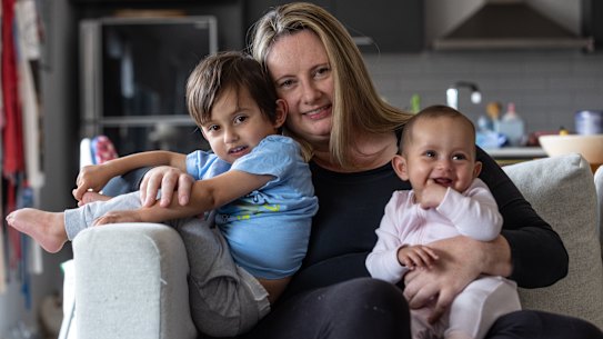 Carrie Cooper-Moore and her two children,  Jonathan, 3 and six-month-old Aisling.