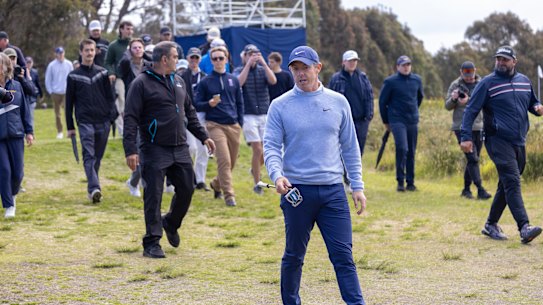 Rory McIlroy walks the course at Royal Melbourne