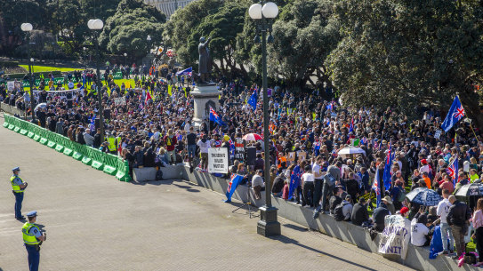 Freedom and Rights Coalition protesters demonstrate outside the NZ parliament in Wellington on Tuesday.