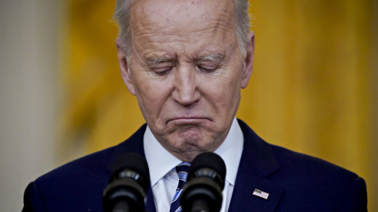 US President Joe Biden pauses while speaking about the Russian invasion of Ukraine in the East Room of the White House